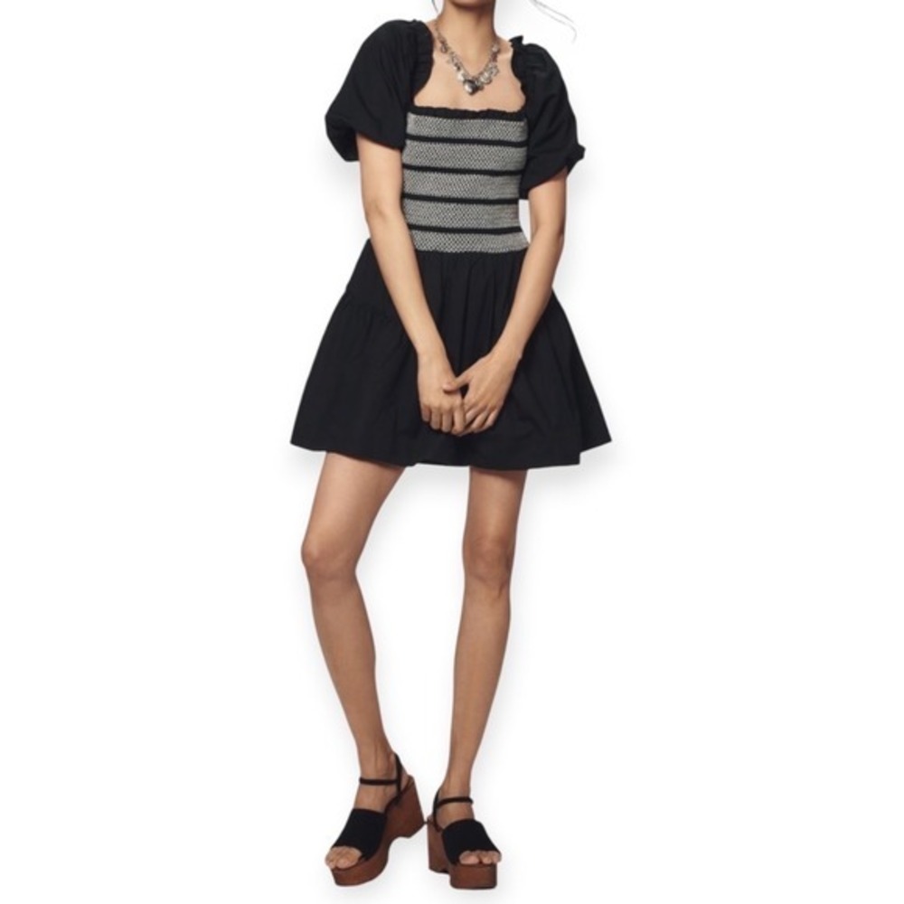 Anthropologie Smocked Puff Sleeve Mini Dress Black NWT Size S Women